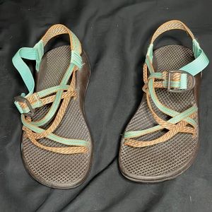 Teal and golden orange chaco